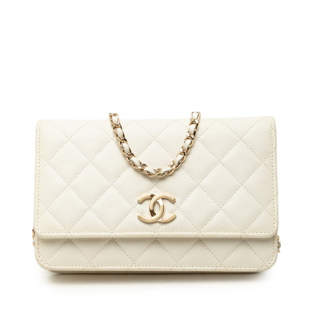 Chanel Matelassé Coco Mark Crossbody Wallet Chain Shoulder Bag White Caviar L...